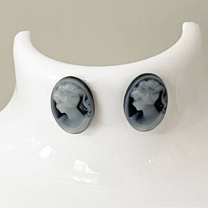 Vintage Black Cameo Stud Earrings Carved Resin Victoriana Coquette